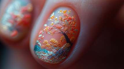 Vibrant Autumn Tree Nail Art Embroidered with Red, Yellow, and Blue Stitches on a Transparent Base
