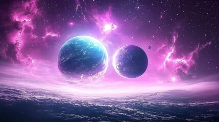 Obraz premium Pastel planets in a cosmic dance, with stars and galaxies stretching into infinity, surrounded by delicate pink and purple hues.
