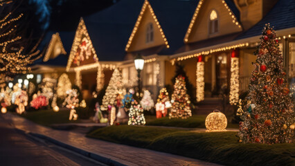 Fototapeta premium A nighttime shot of a house or street decorated with elaborate Christmas lights. Focus on the brightness and variety of the lights, creating a magical holiday feel.