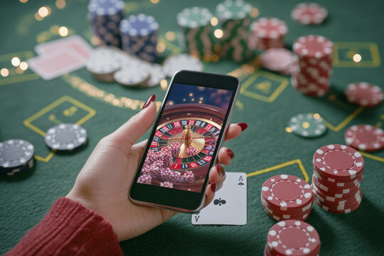 Smartphone displaying an online casino roulette game, surrounded by poker chips
