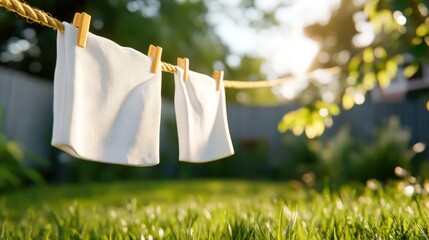 Two white towels catch the breeze on a sunny day, suspended on a clothesline in a serene garden, conveying a sense of peace, purity, and timeless routine.