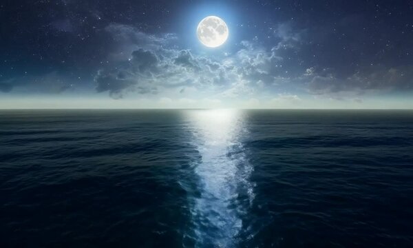 Full moon illuminating the ocean with a serene night sky and rippling waves reflecting moonlight