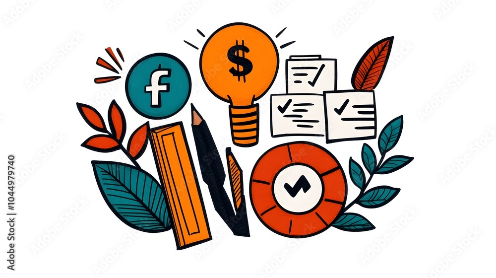 Poster stylized of hand drawn business icons featuring finance teamwork target and strategy doodles for off