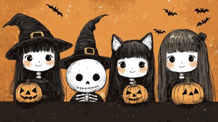 Playful Halloween doodles featuring quirky witches, cheerful skeletons, and adorable cats, crafted in a simple hand-drawn style, perfect for festive invitations or cards.