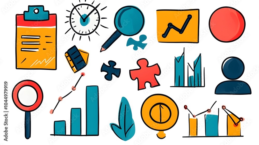 Poster doodle style business icons including charts targets finance and puzzle pieces representing teamwork