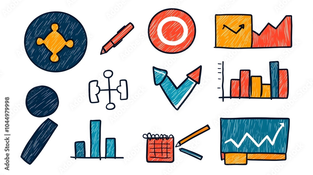 Poster Sketchy Business Icon Set Featuring Hand Drawn Career Symbols like Target Puzzle Teamwork and Financial Charts Presented in a Doodle Style