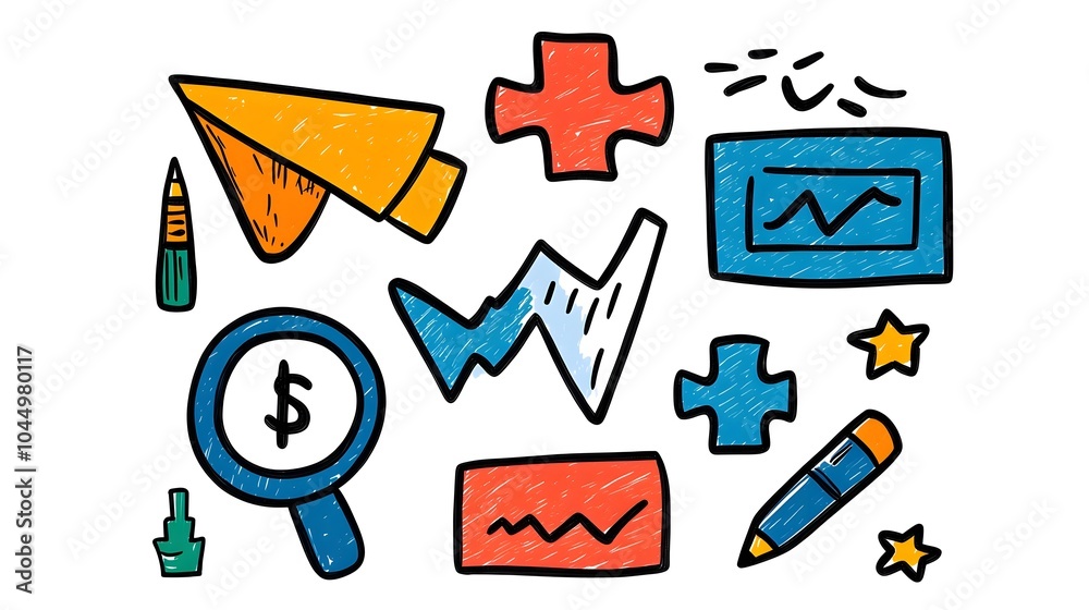 Poster Hand Drawn Sketch Icons Representing Office Elements Like Target Puzzle Chart and Finance for Business Career and Teamwork Concepts  Creative Doodle Style for Corporate Company and Industry Themes