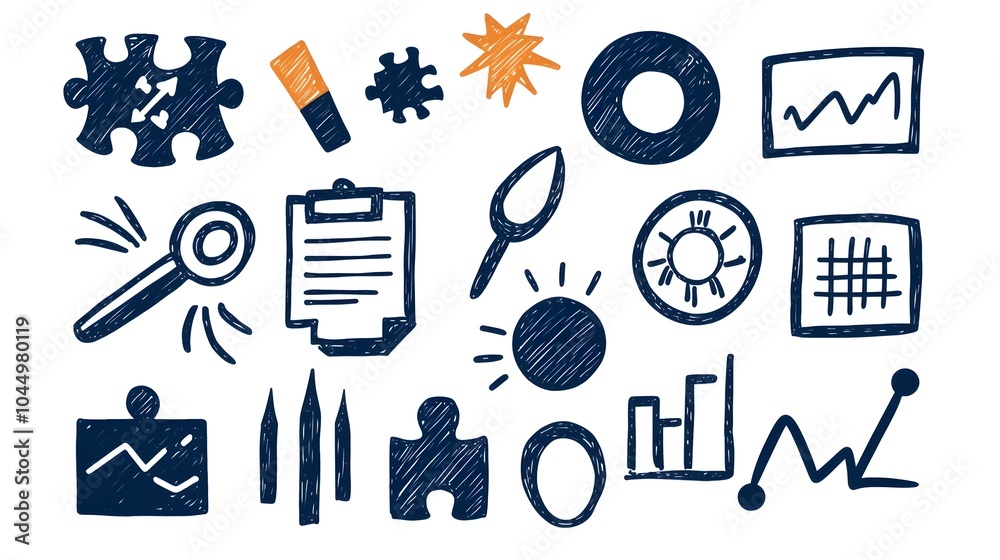Poster hand sketched business icon set with doodle style icons representing various career and corporate th