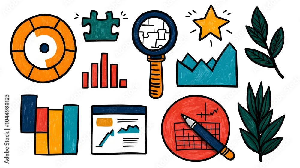 Poster sketchy business icon set with hand drawn career symbols like target puzzle teamwork and financial c