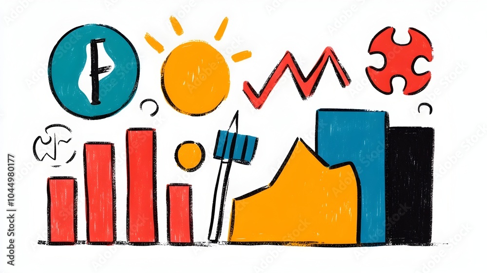 Poster whimsical hand drawn sketch icons representing office elements like target puzzle chart and finance 