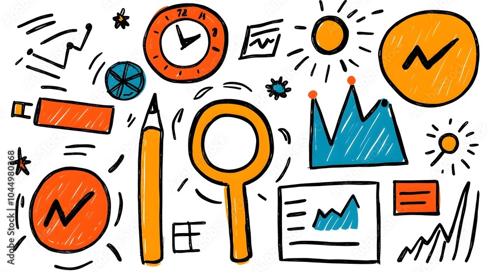 Poster Stylized Doodle Business Icon Set with Hand Drawn Sketches of Target Teamwork Finance and Charts Perfect for Office and Career Strategy Concepts