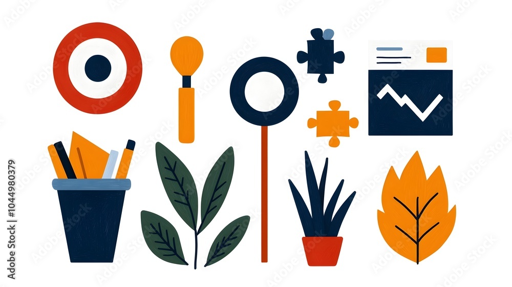 Poster doodle style business office icons with hand drawn elements like target puzzle teamwork and finance 