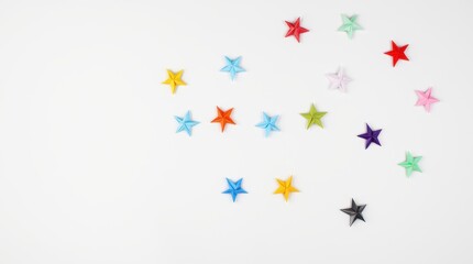 Fototapeta premium An image of several small, colorful origami stars scattered across a white background.