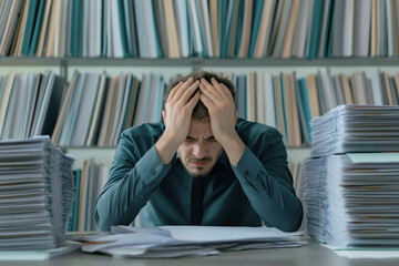 Frustrated man holding his head while surrounded by books in a library
