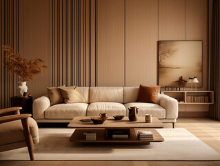 Living room interior in modern minimalist style with wooden panneling. Neutral and light colors interior with wood wall panels, bronze metallic accent decor and large artwork. Wood panneling walls. 