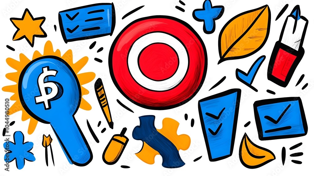 Poster playful hand drawn business doodle icons depicting target puzzle teamwork and finance concepts for o