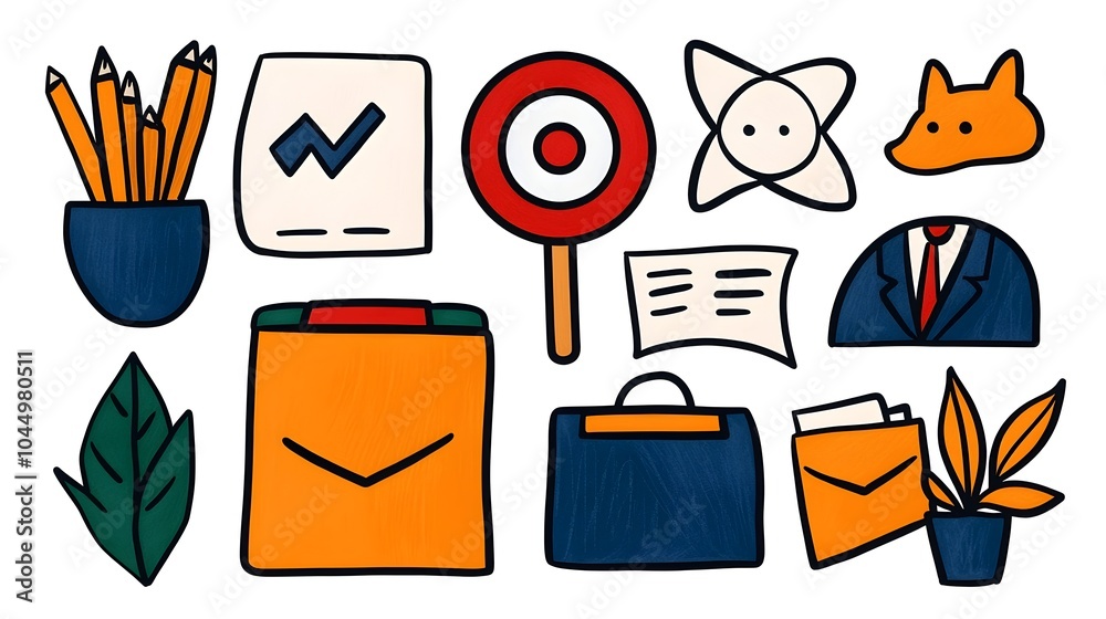 Poster Hand drawn business doodle icon set with target puzzle teamwork and finance symbols sketched in a playful illustrative style for office and career concepts representing planning management