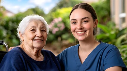 Obraz premium Caring Nurse Aids Senior Woman in Wheelchair Outdoors Under Warm Sunlight in Beautiful Garden Setting
