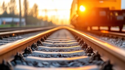 Fototapeta premium The image captures the movement of a passenger train with bright sunlight melting the scene, underlining the energetic and contemporary aspects of daily commutes.