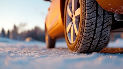 An orange car's tire cruises along an icy road at sunrise, with the low light highlighting the tire...