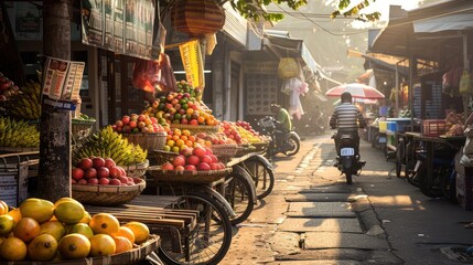 A bustling fruit market in a narrow street