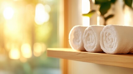 A trio of white towels neatly rolled and lined up on a wooden shelf, gently kissed by sunlight streaming in, symbolizing freshness and a new beginning.