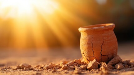 A lone cracked clay pot sits under warm sunlight, surrounded by scattered dirt, evoking feelings of resilience and imperfection, symbolizing fragility and beauty.