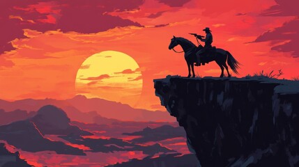 A lone cowboy on horseback silhouetted against a fiery sunset, overlooking a vast desert landscape.