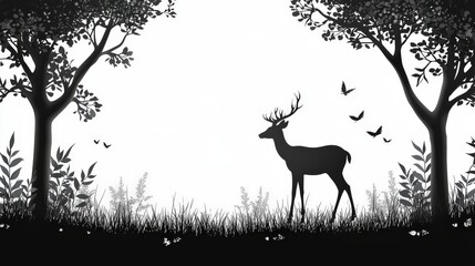 The elegant silhouette of a deer framed by trees in a peaceful forest, set against a white backdrop, symbolizing harmony with nature.