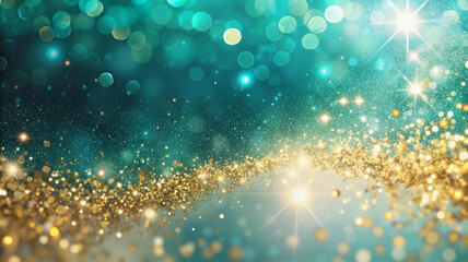 Fototapeta premium Sparkling teal and gold bokeh light with glitter background.