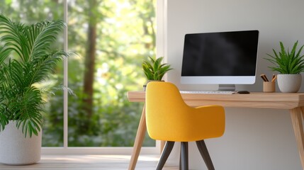 A vibrant workspace featuring a striking yellow chair and lush greenery, with natural light streaming through the windows, creating an invigorating setup.