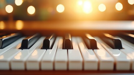 A captivating image showcasing the piano keys highlighted by sunlight, emphasizing their shiny surface and inspiring a sense of calm and creativity.