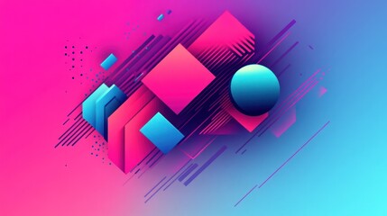 Abstract geometric design with pink, blue, and black shapes against a gradient background.
