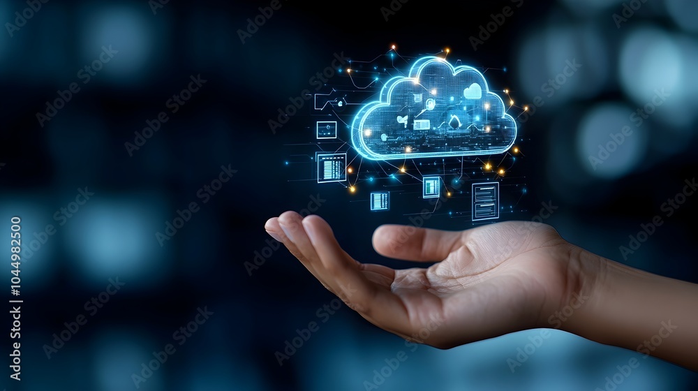 Aufkleber Hand reaching out to a digital screen displaying technology icons cloud storage and network connections glowing on a dark blue background  Conceptual image of digital technology innovation