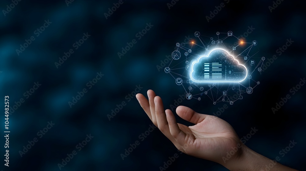 Poster Hand reaching out to a digital screen displaying technology icons cloud storage and network connections glowing on a dark blue background  Futuristic digital technology concept