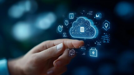 Fototapeta premium Finger Touching a Futuristic Digital Interface with Cloud Storage Network and Cybersecurity Icons Illuminated on a Dark Blue Background Concept of Digital Transformation Connectivity