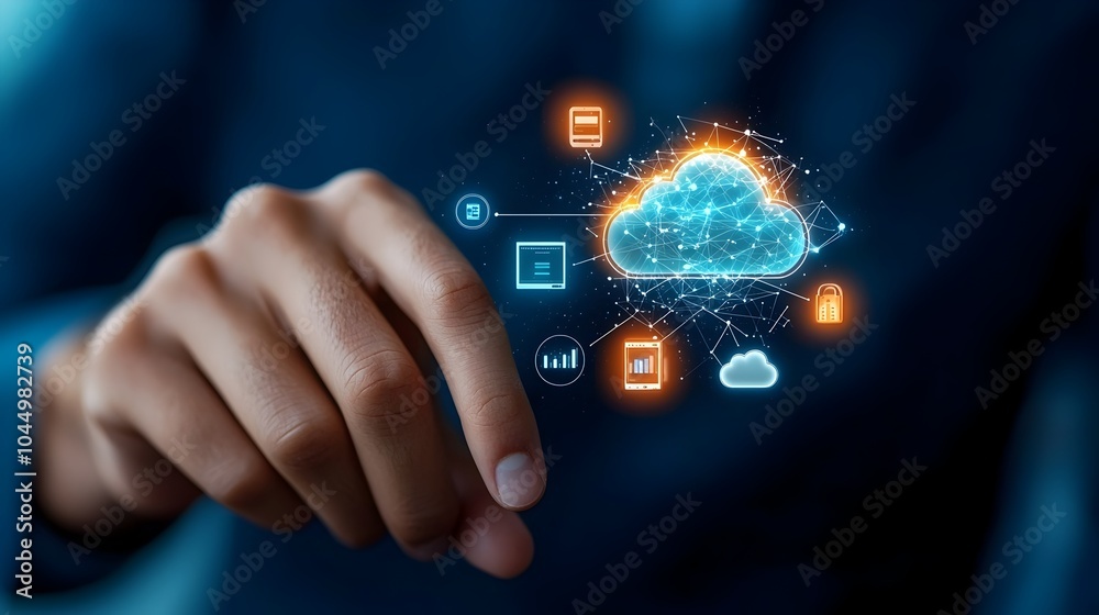 Aufkleber Hand tapping a futuristic digital interface with glowing icons representing cloud storage online security and network connections on a deep blue background  Concept of modern technology cybersecurity