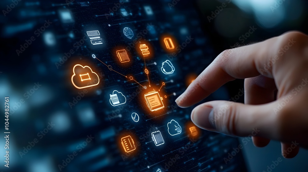 Poster Digital screen displaying glowing icons of cloud storage security and network systems being touched by a hand against a dark blue tech background  Concept of modern digital technology