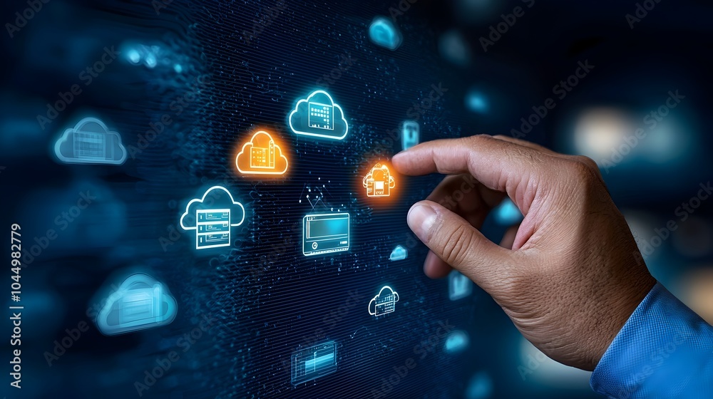 Leinwandbilder Glowing icons of cloud storage security and network systems being touched by a hand on a dark blue digital technology background  The image represents the concept of modern digital services