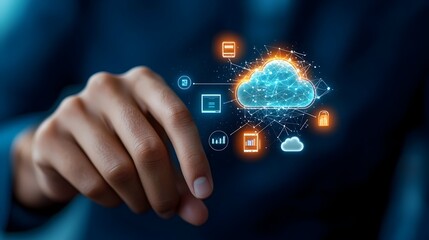 Hand tapping a futuristic digital interface with glowing icons representing cloud storage online security and network connections on a deep blue background  Concept of modern technology cybersecurity