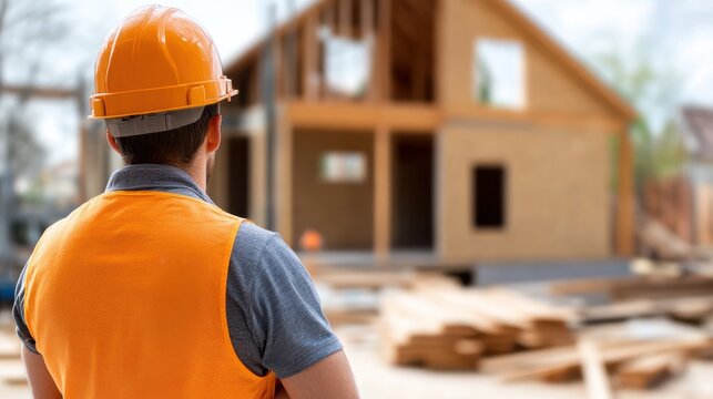A construction worker in an orange vest and hard hat supervises a house under construction, symbolizing leadership and precision in architecture and development.