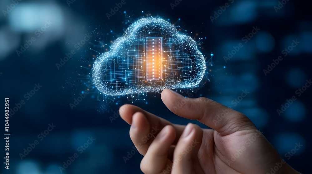 Poster Glowing technology icons of cloud storage and network systems being activated by a hand on a digital screen against a dark blue tech background  Concept of modern digital technology connectivity