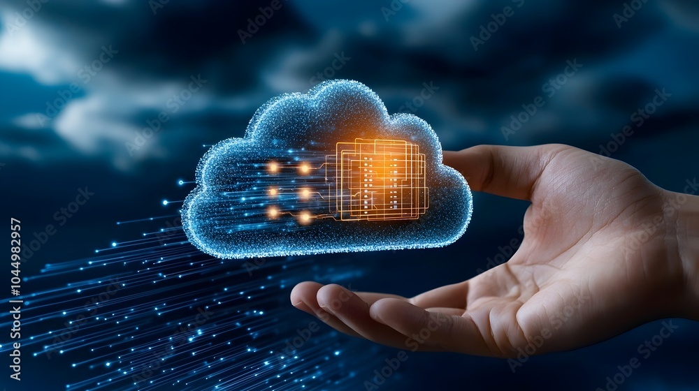 Poster Glowing and futuristic technology icons of cloud storage and network systems being activated by a human hand on a digital screen set against a dark blue tech background
