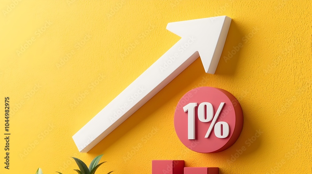 Fototapete 3D rendering of a white downward pointing arrow with a percent sign on a vibrant yellow background representing falling interest rates and mortgages in the finance and investment sector
