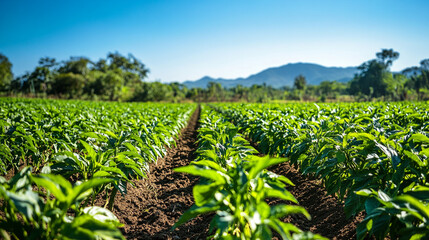Naklejka premium Organic chili pepper farm with rows of plants
