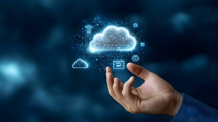 Finger reaching out to touch a glowing digital interface filled with cloud and network icons representing the technology connectivity and digital transformation concepts on a dark blue background