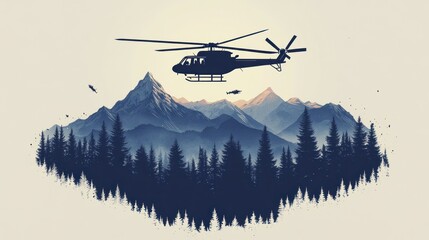A black silhouette of a helicopter flying over a mountain range with a forest in the foreground in a vintage style.