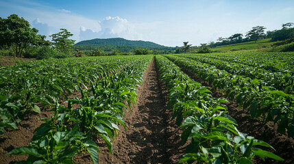 Organic chili pepper farm with rows of plants