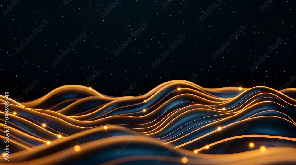 Poster Abstract and generative AI created scene featuring a mesmerizing flow of glowing dots and data lines across a dark digital landscape