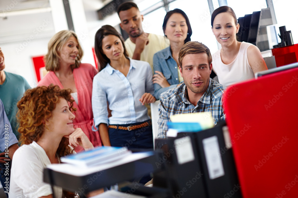 Aufkleber man, team and huddle by computer in office for meeting, reading and presentation at media company. p